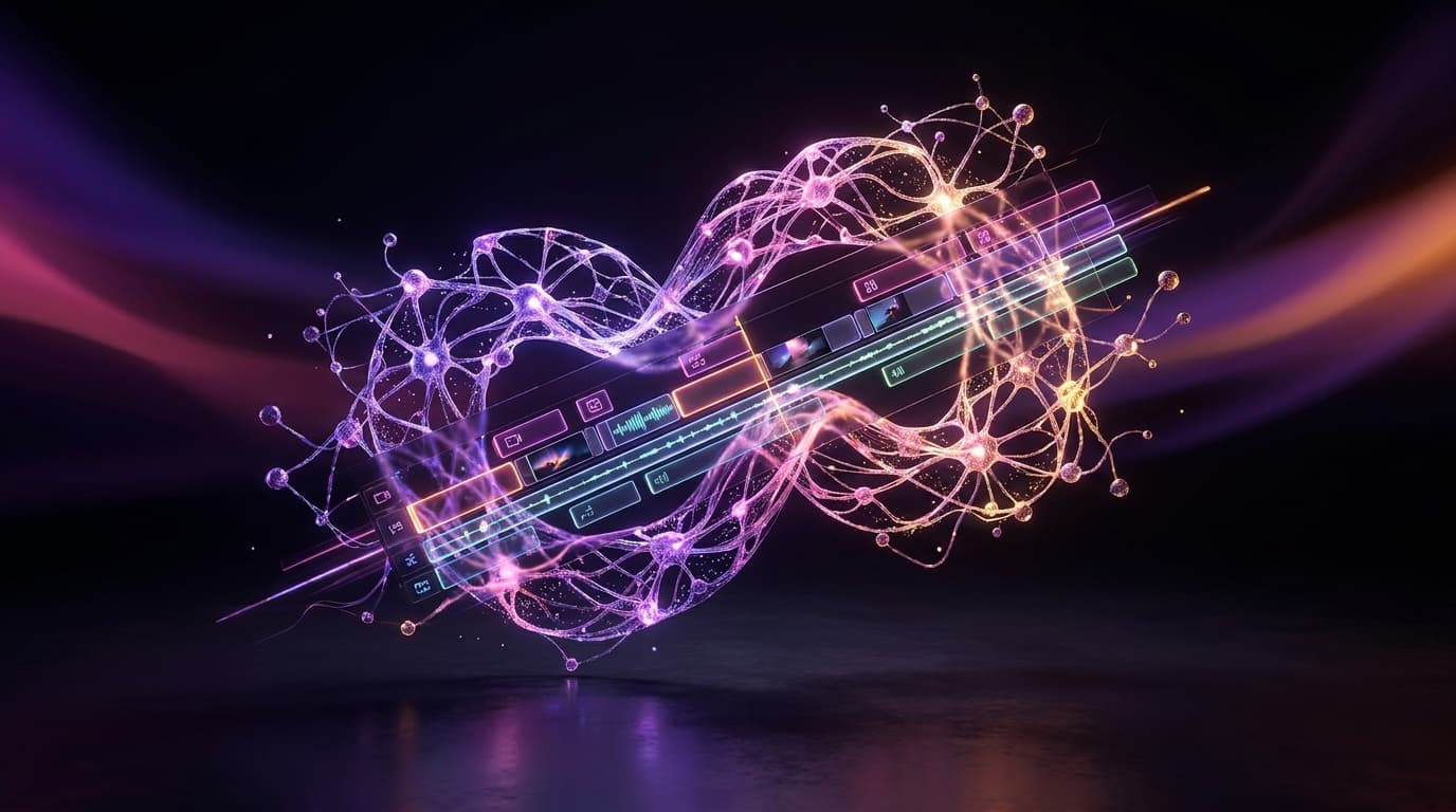 Linha do tempo de edição de vídeo iluminada por redes neurais em tons neon