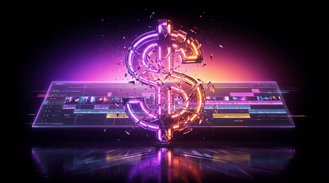 Símbolo de dólar quebrando sobre uma linha do tempo de vídeo em neon