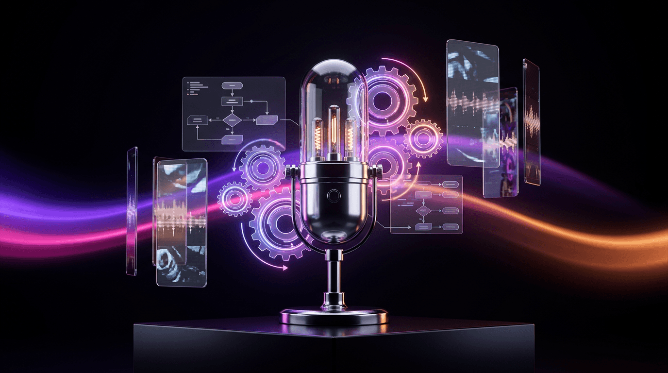 Microfone futurista rodeado por engrenagens digitais e telas de vídeo flutuantes.