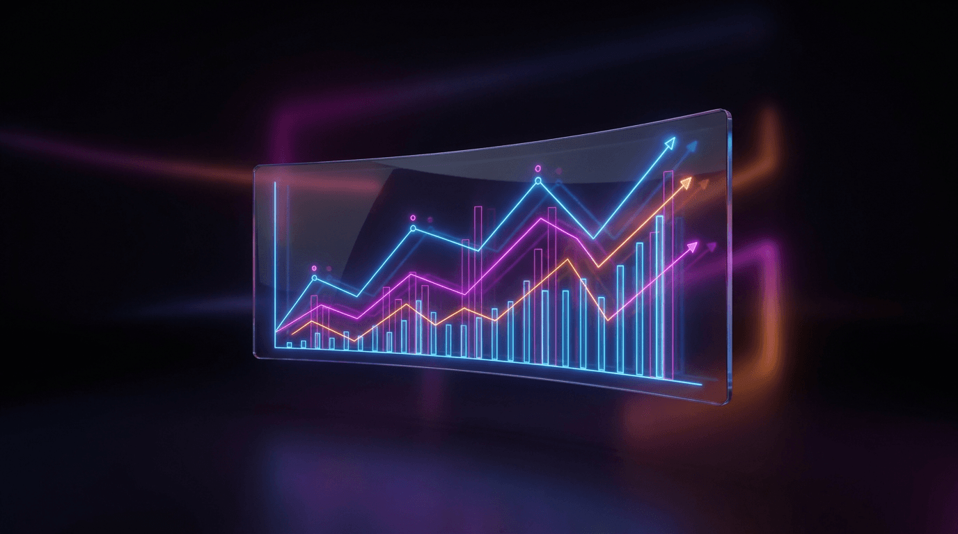Painel digital flutuante com gráficos de análise de dados em cores neon