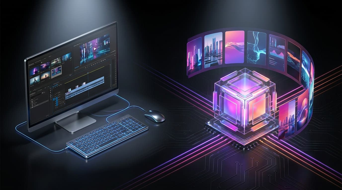 Comparativo visual entre linha do tempo tradicional de edição e inteligência artificial gerando cortes verticais.