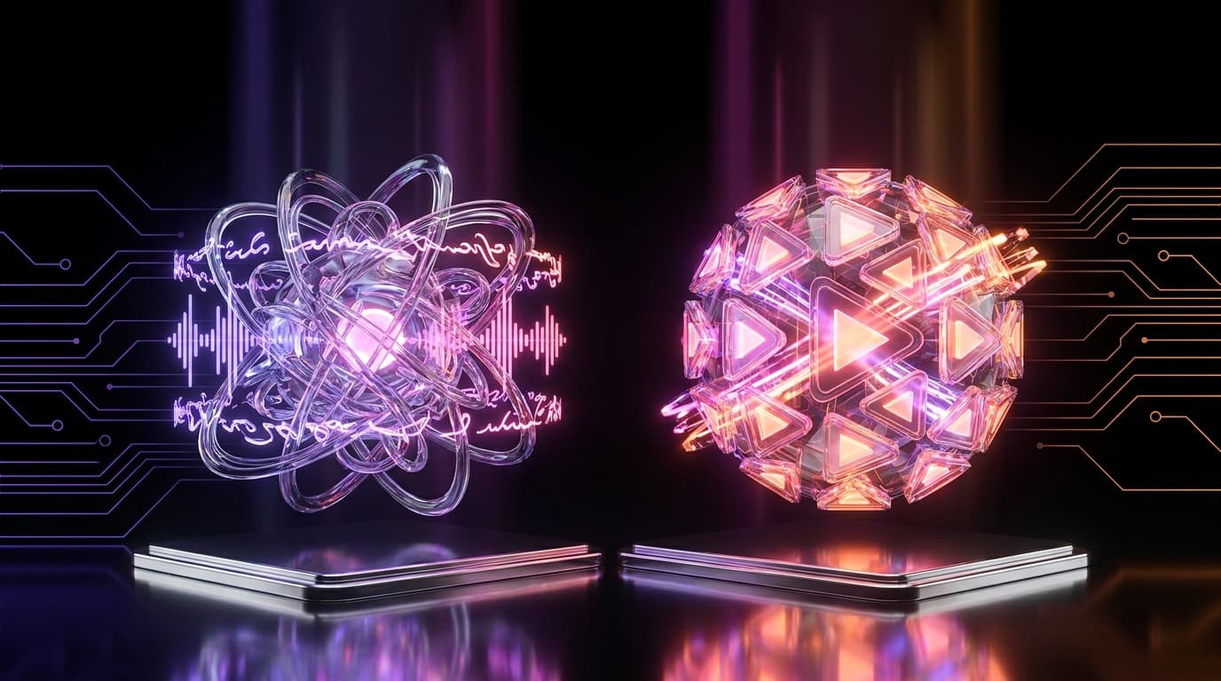 Ilustração 3D com ondas de áudio e ícones de vídeo em neon