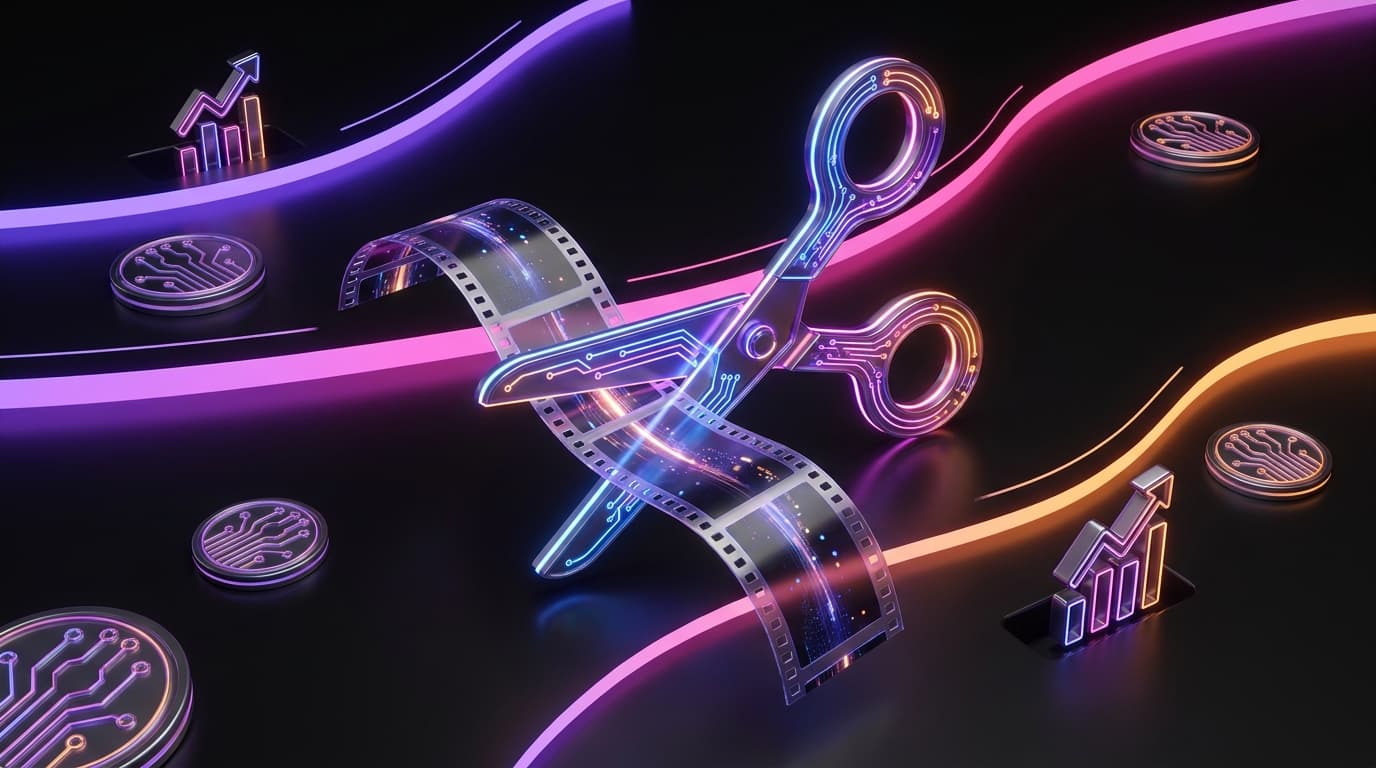 Tesoura de neon cortando rolo de filme digital com gráficos de crescimento