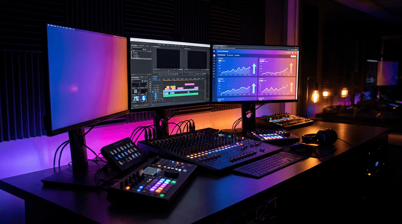 Setup de edição de vídeo com telas brilhantes e iluminação neon