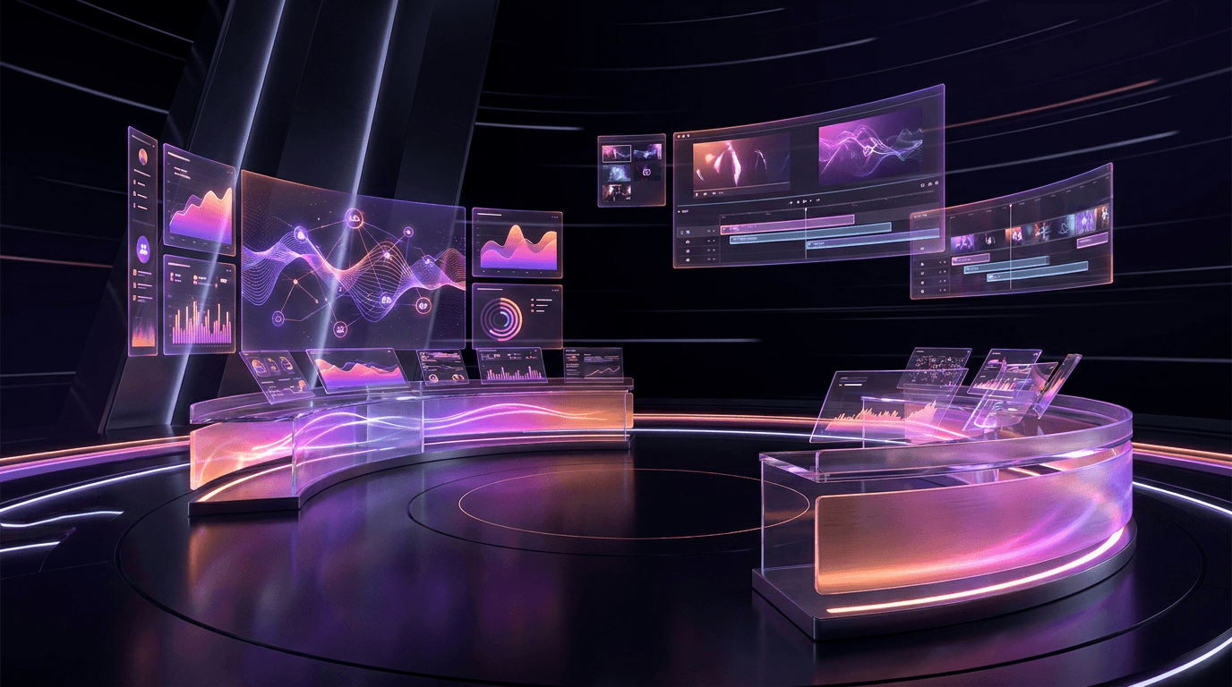 Central de comando futurista com telas holográficas de edição de vídeo.