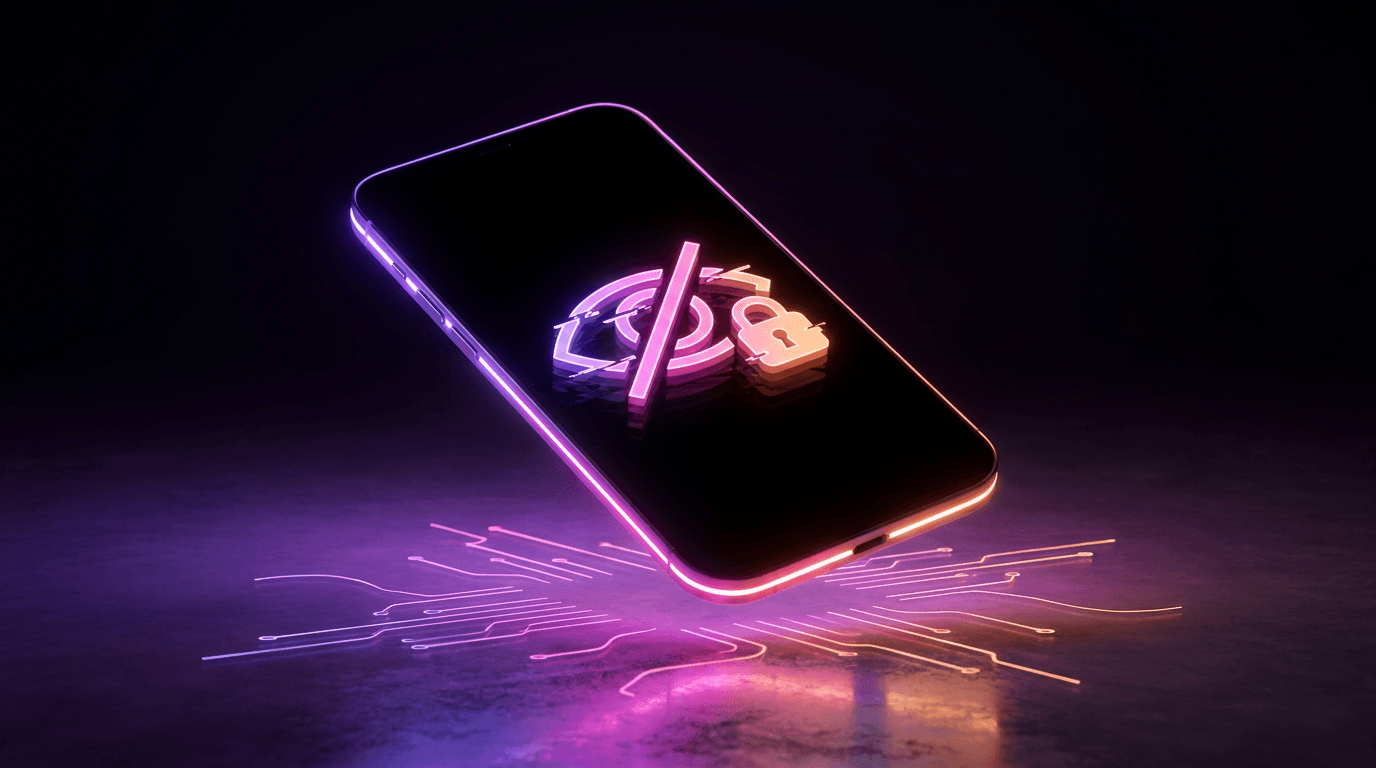 Smartphone com cadeado neon roxo flutuando no escuro representando shadowban