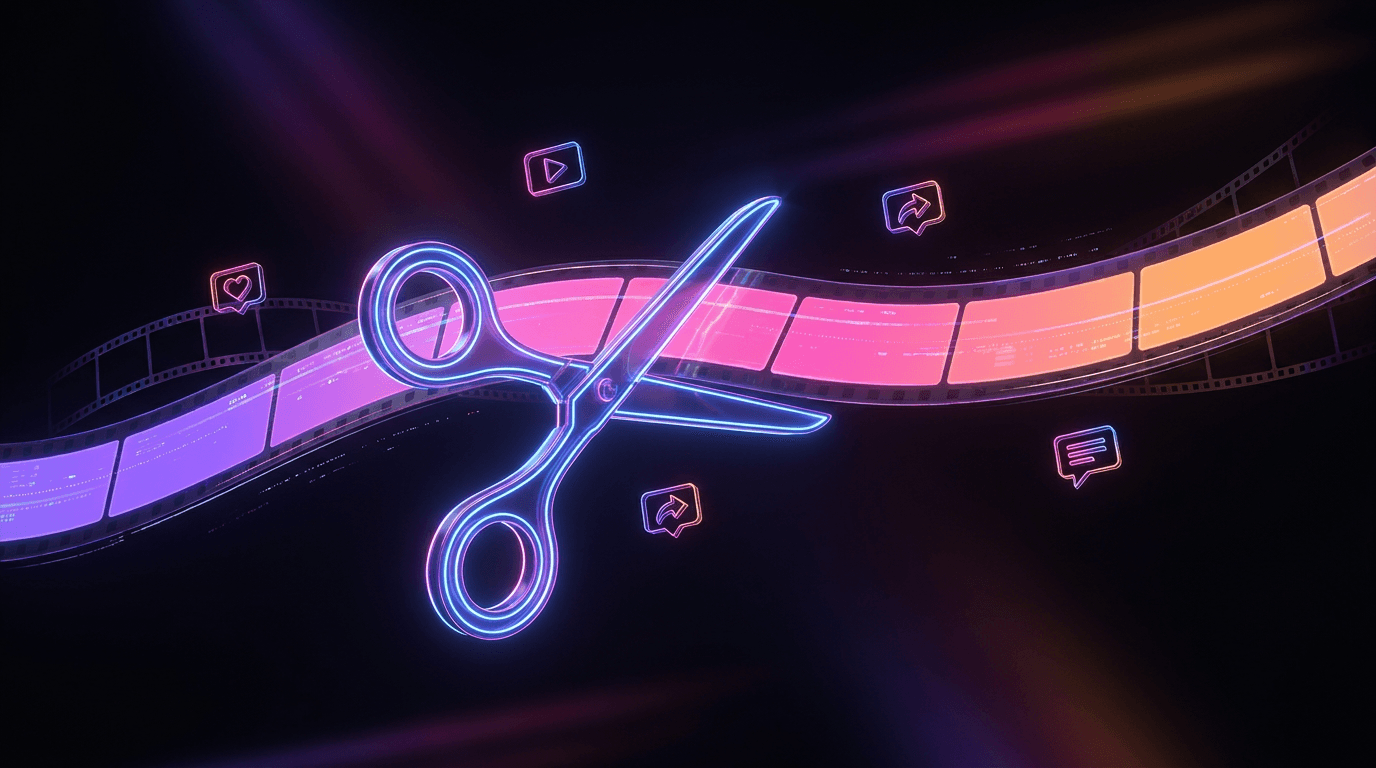 Linha do tempo de vídeo sendo cortada por tesoura de neon
