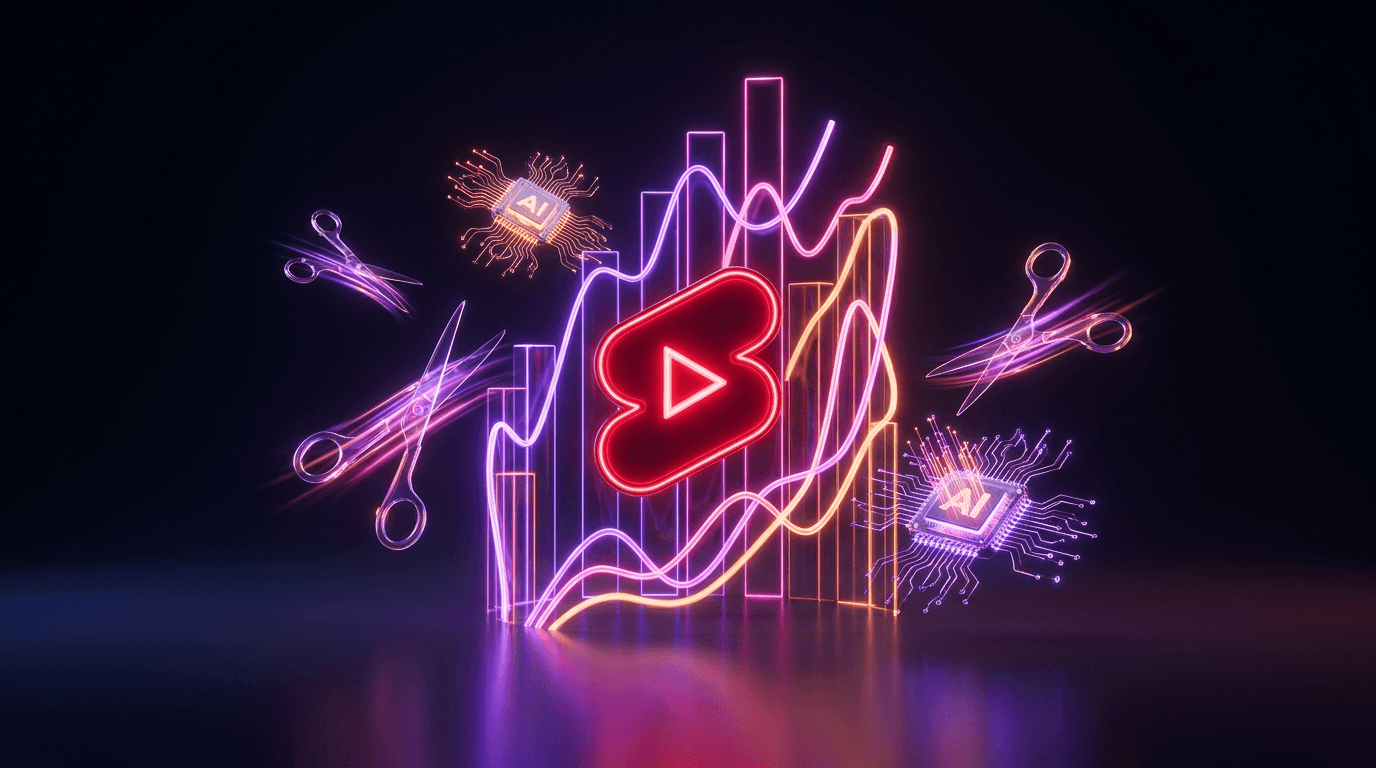 Logo do YouTube Shorts cercado por gráficos de crescimento e tesouras neon.