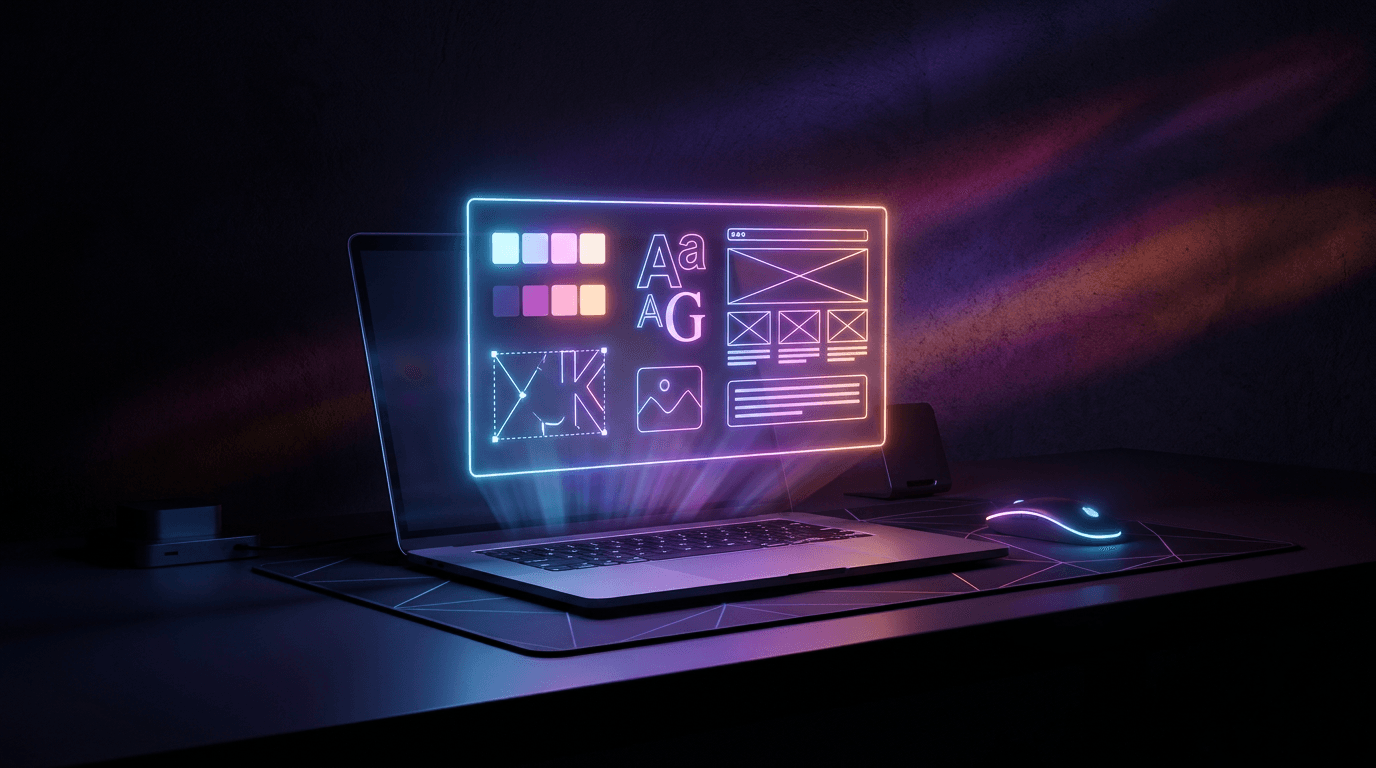 Projeção holográfica de um guia de marca sobre um notebook moderno em ambiente escuro.