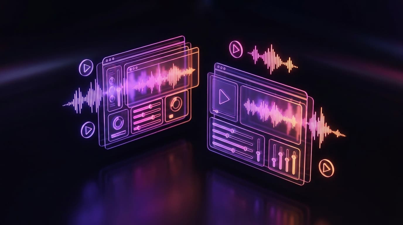 Comparativo visual de interfaces futuristas de edição de vídeo com inteligência artificial.