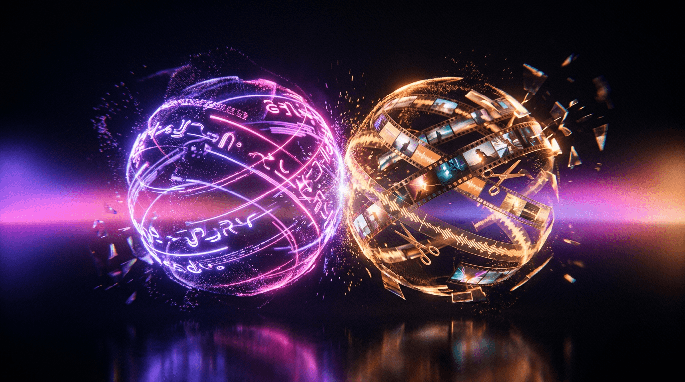 Ilustração 3D abstrata de inteligência artificial editando vídeos e legendas em tons de roxo e laranja