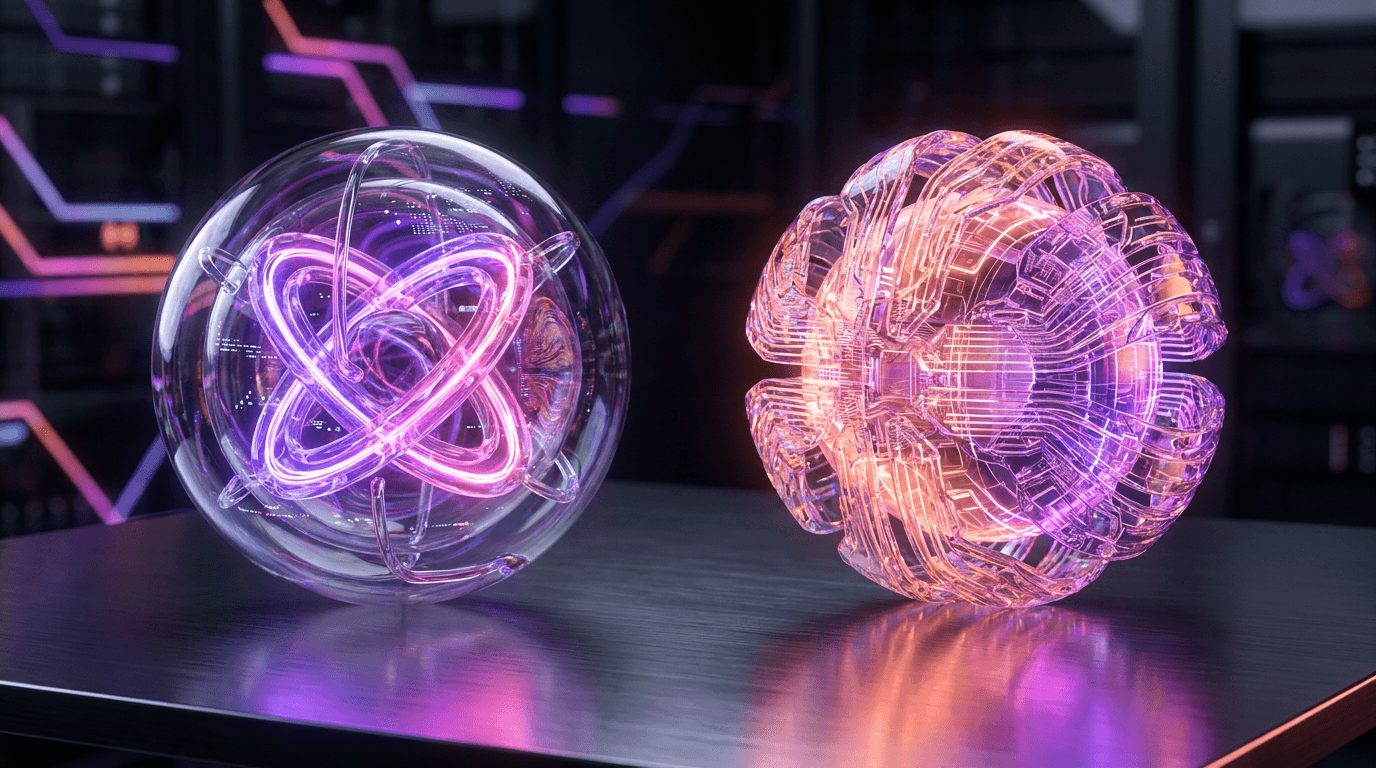Dois núcleos de IA brilhantes em uma mesa escura com luzes neon.