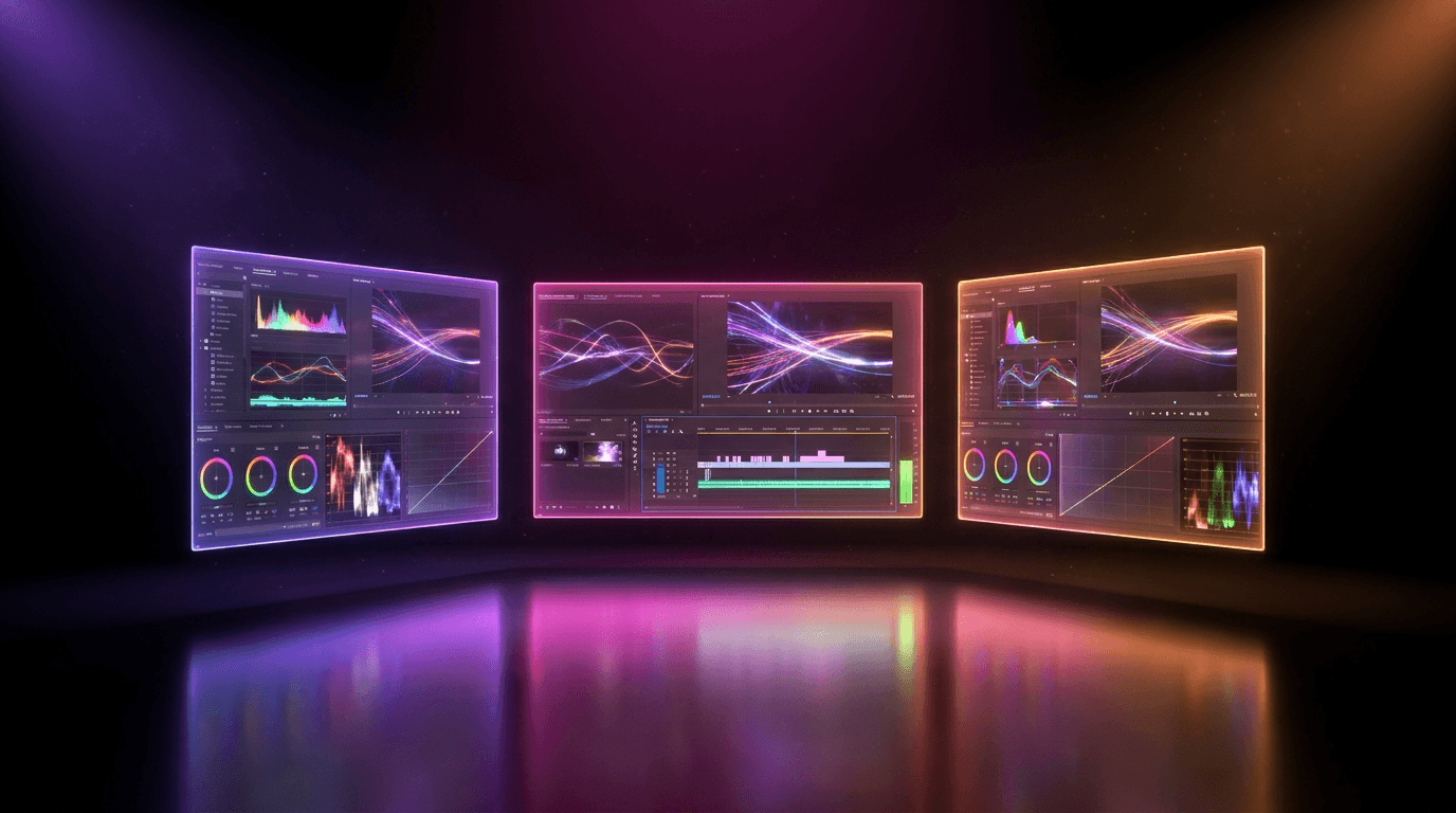 Telas holográficas de edição de vídeo flutuando em fundo escuro com luzes neon.