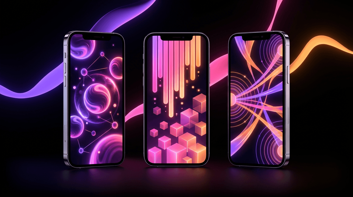 Três smartphones lado a lado com interfaces de redes sociais iluminados por neon