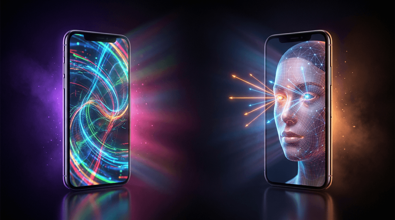 Dois smartphones exibindo edição de vídeo com legendas dinâmicas em fundo neon.