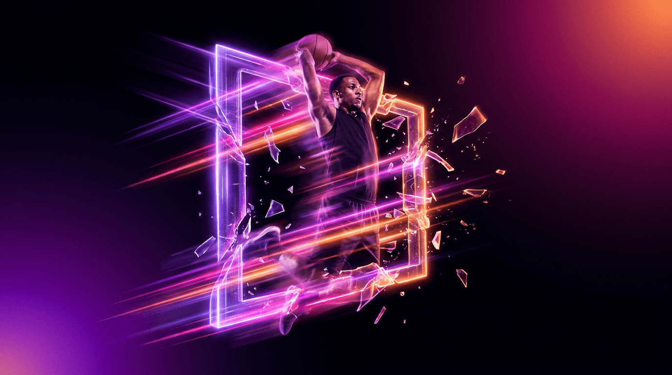 Atleta em movimento rápido quebrando uma tela digital iluminada por neon roxo e laranja.