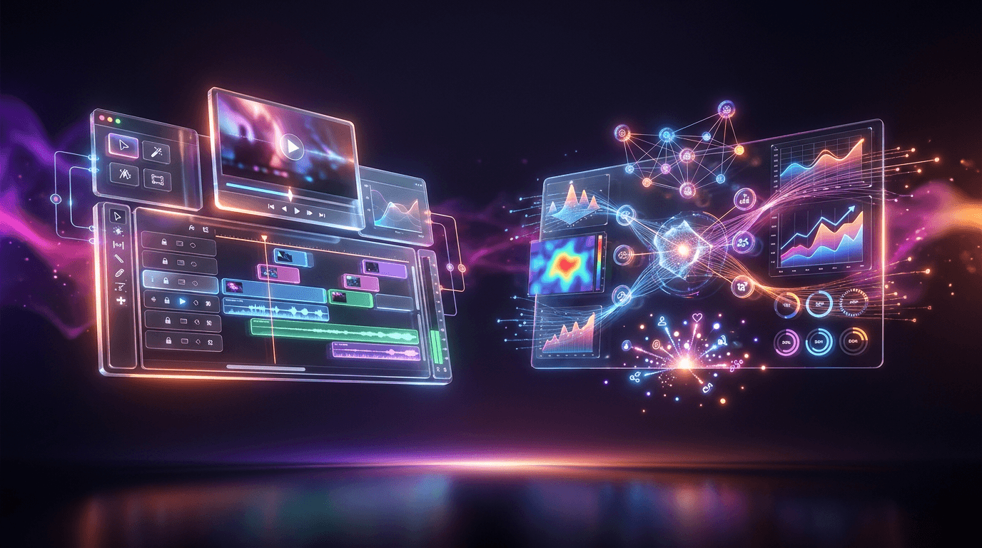 Comparativo visual entre interfaces de edição de vídeo em fundo escuro com neon
