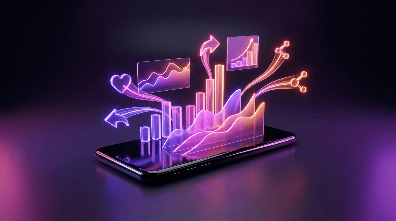 Gráficos neon brilhantes e métricas saindo de um smartphone em fundo escuro