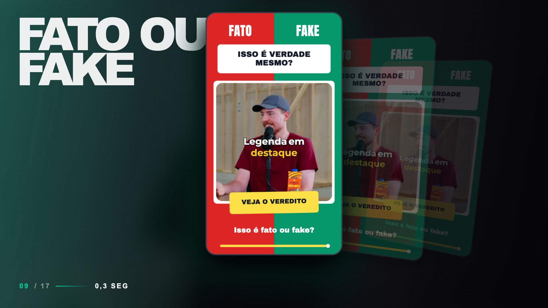 Template Fato ou Fake: vídeo vertical com título, legenda em destaque, fundo vermelho e verde e barra de progresso.