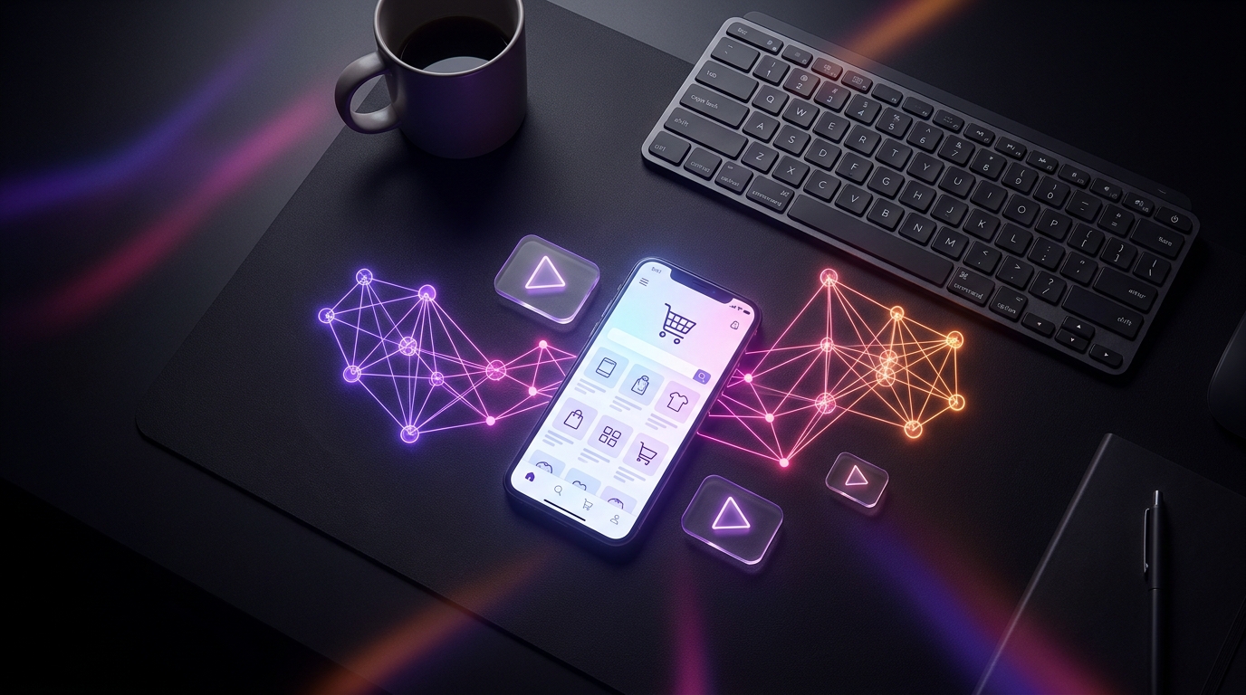 Smartphone com interface de e-commerce e ícones de vídeo flutuantes em neon.