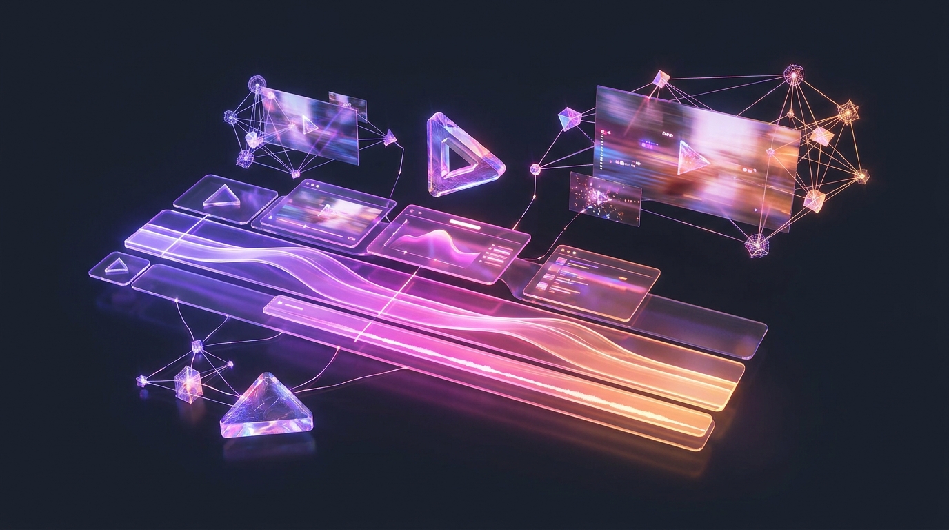 Timeline de edição de vídeo futurista com nós de inteligência artificial em neon
