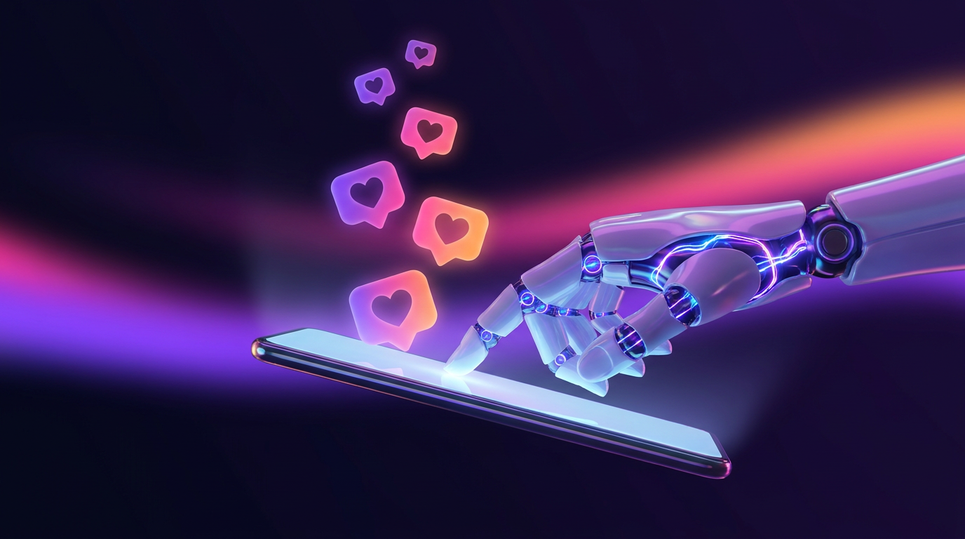 Mão robótica digitando em um smartphone com ícones de redes sociais flutuando