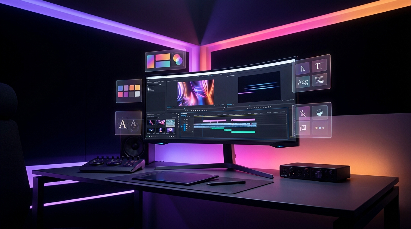 Monitor exibindo painéis de edição de vídeo com paletas de cores e tipografia.