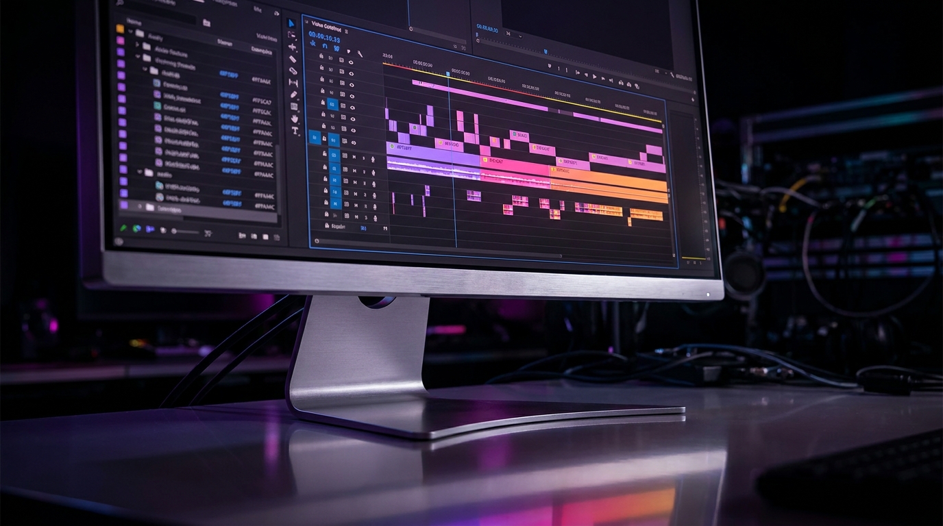 Monitor exibindo uma linha do tempo de edição de vídeo com luzes neon
