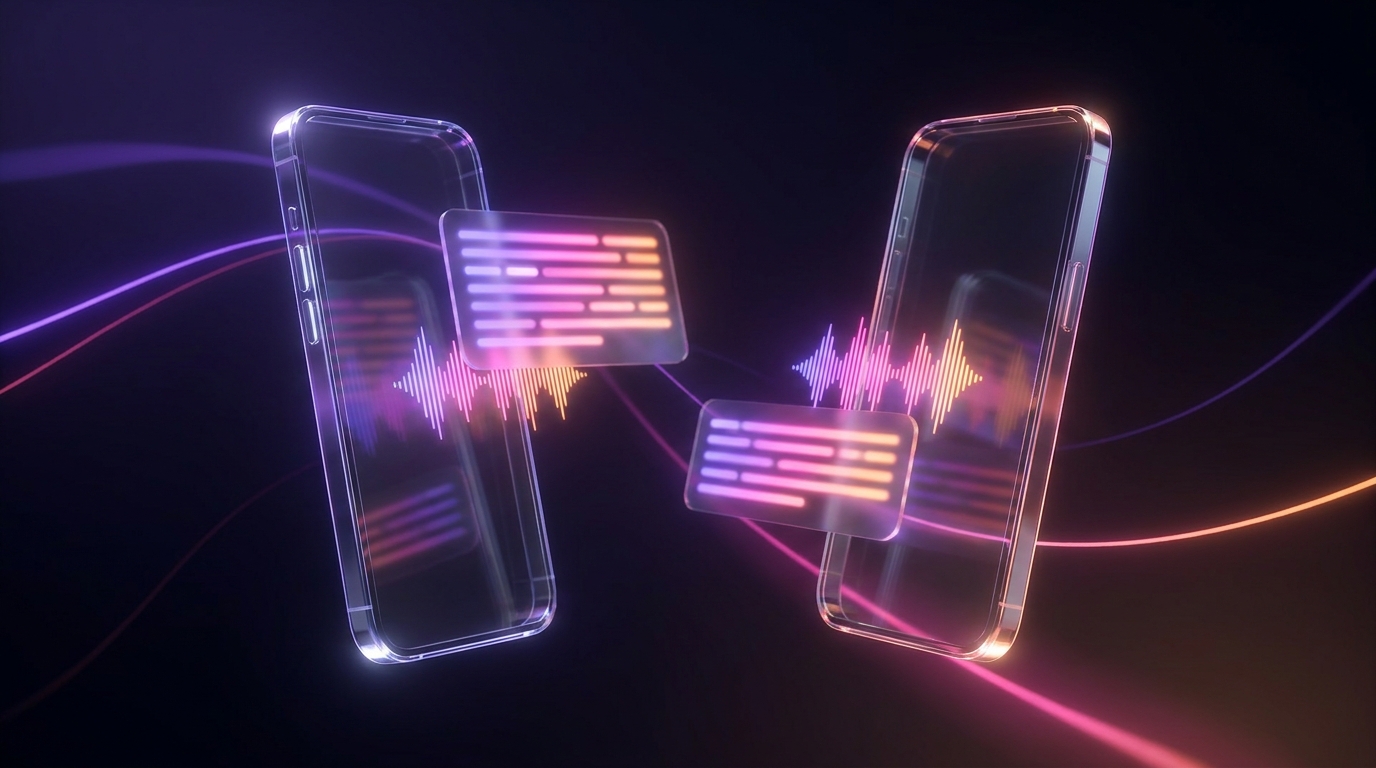 Dois smartphones brilhantes com formas de onda de áudio e blocos de texto flutuantes