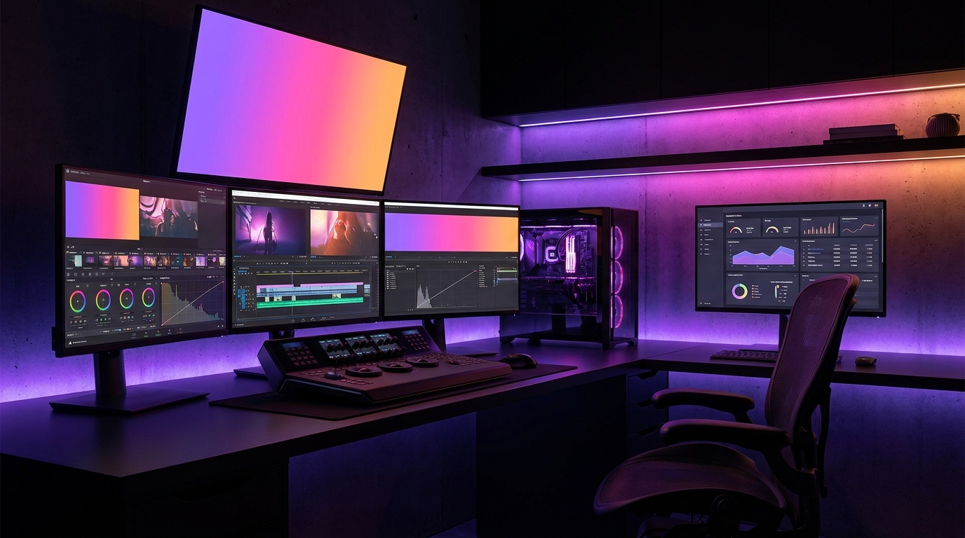 Setup de edição de vídeo com monitores exibindo métricas e timelines