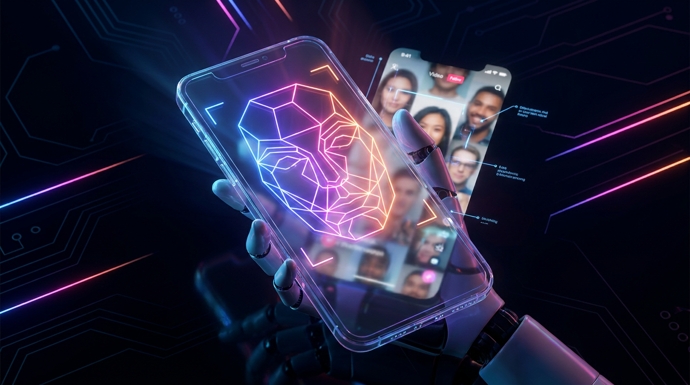 Smartphone exibindo vídeo vertical com grade de rastreamento facial iluminada em tons neon