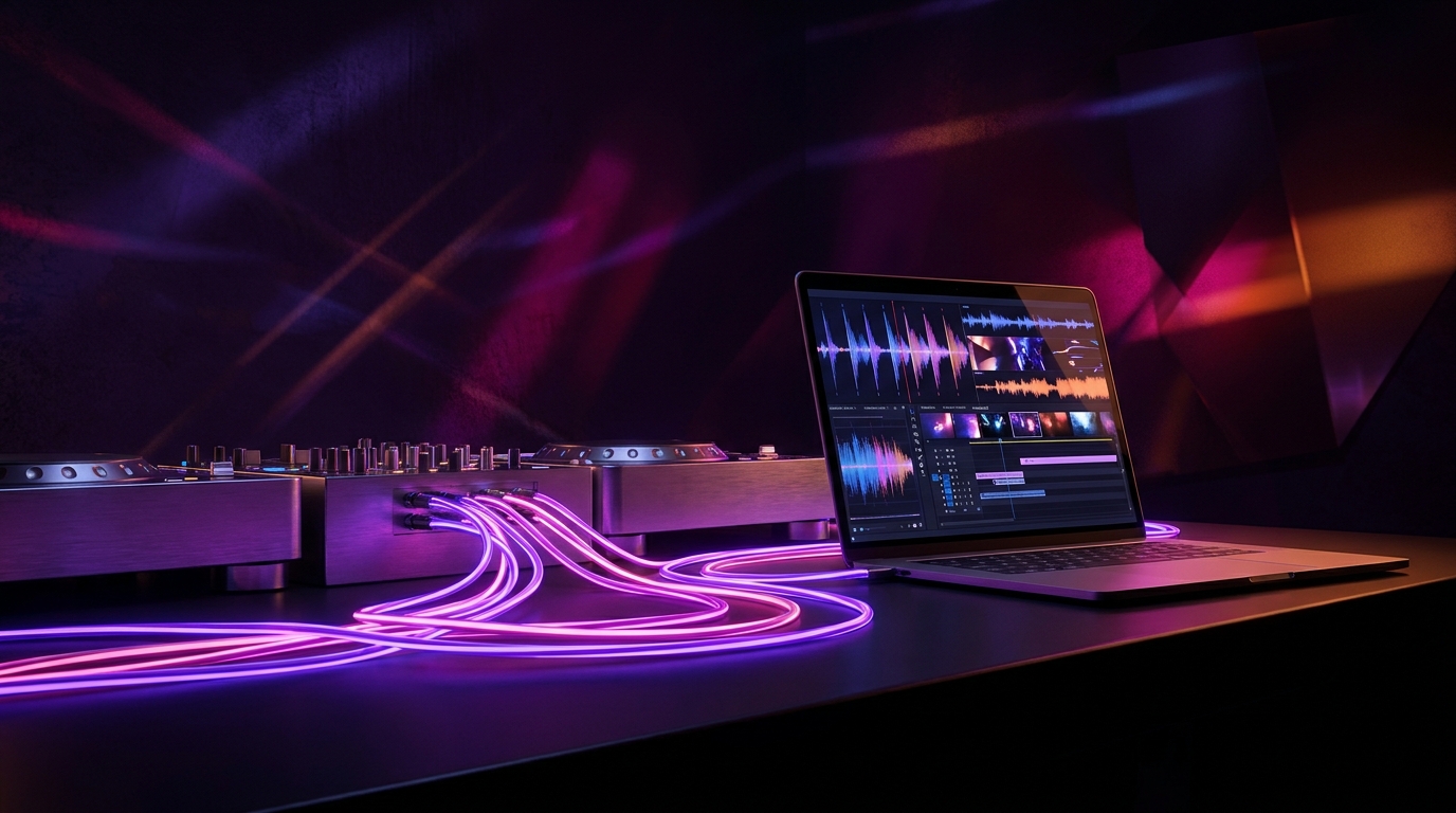 Setup de DJ com notebook exibindo ondas de áudio e iluminação neon
