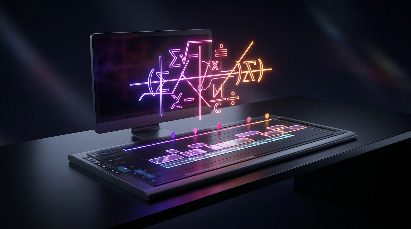 Equação matemática brilhante sobre uma linha do tempo de edição de vídeo