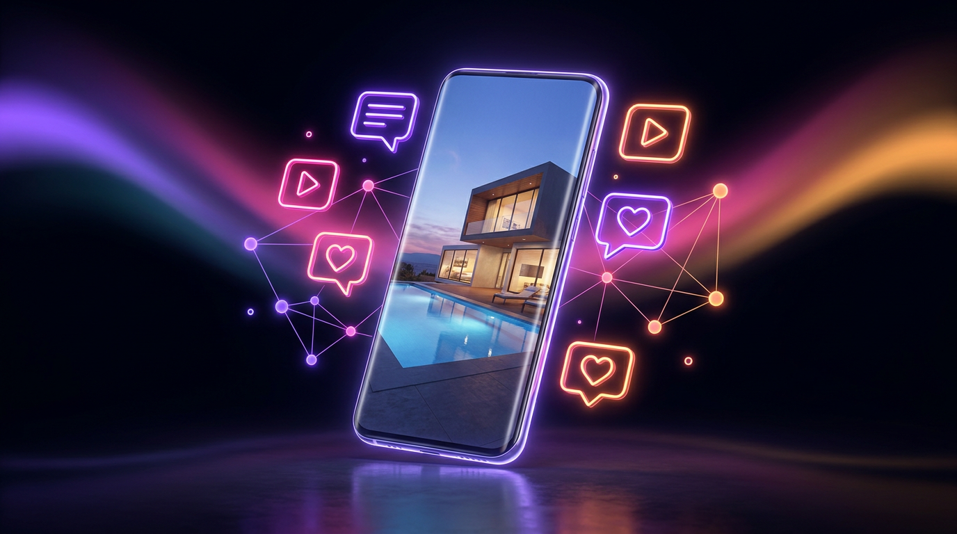 Smartphone exibindo casa de luxo com ícones de redes sociais flutuando