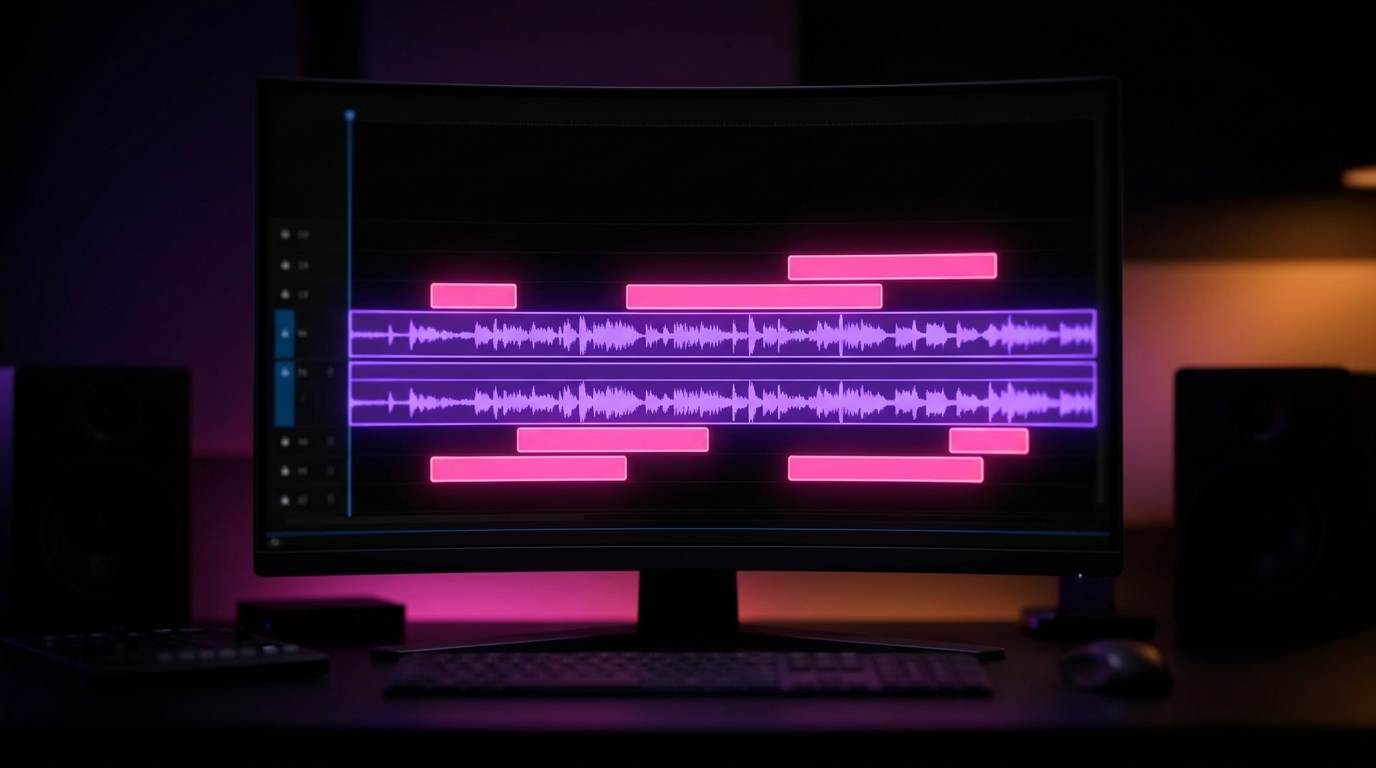 Interface de edição de vídeo destacando uma linha do tempo com blocos de legendas