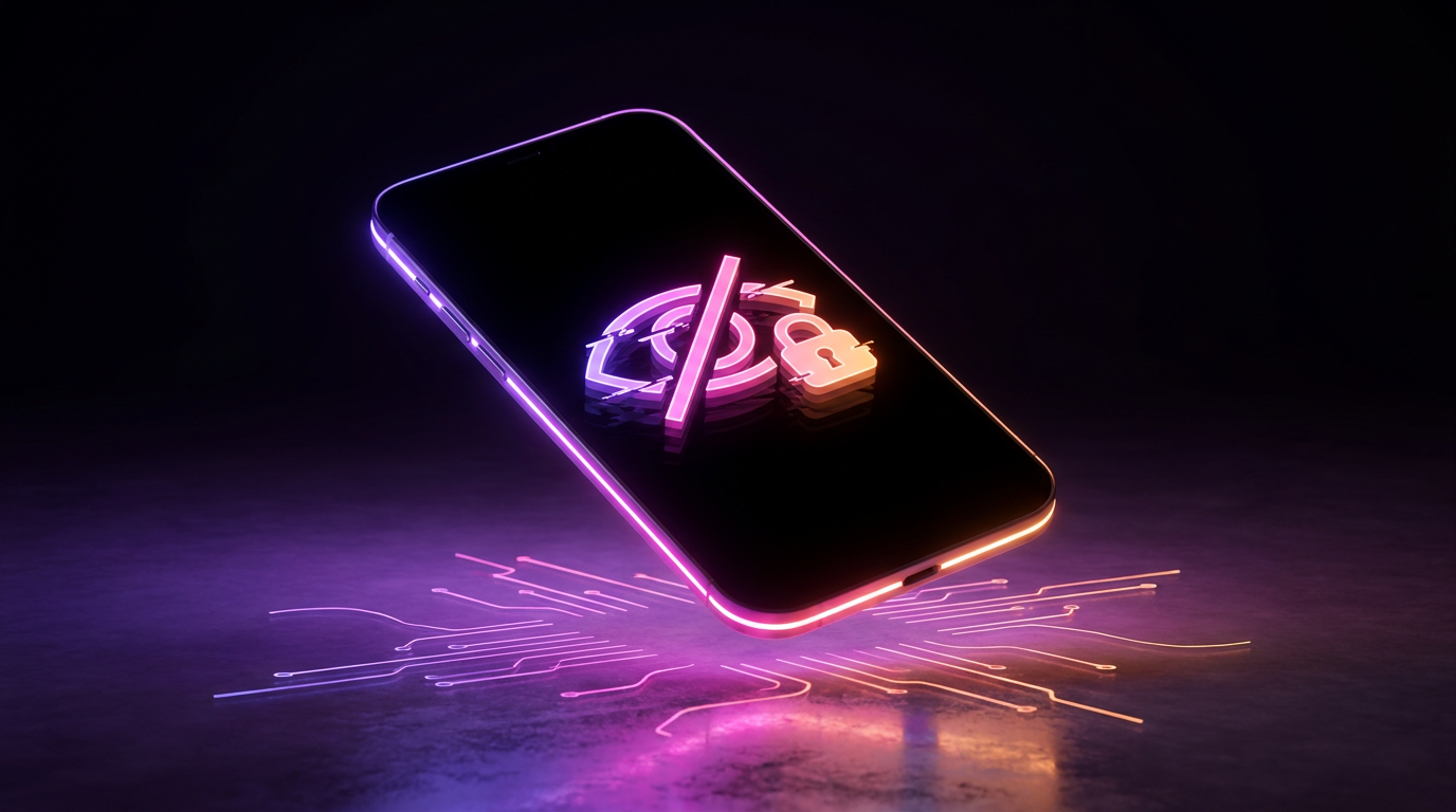 Smartphone com cadeado neon roxo flutuando no escuro representando shadowban