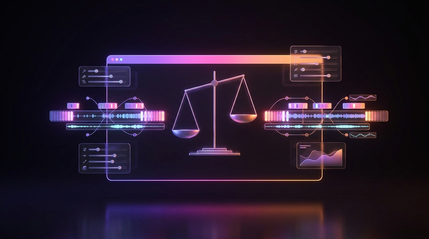 Interface abstrata de edição de vídeo em fundo escuro com tons neon