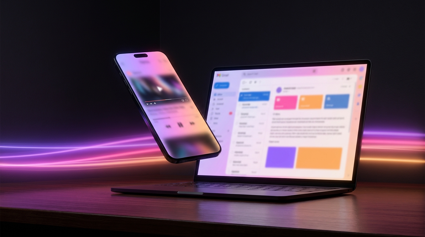 Smartphone exibindo vídeo sobre um layout de email com iluminação neon.