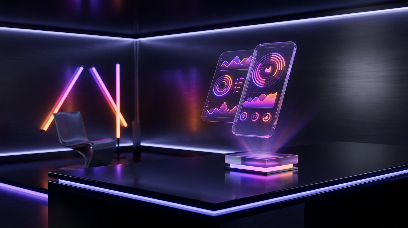 Smartphone holográfico exibindo métricas de vídeo viral em fundo escuro com luzes neon.