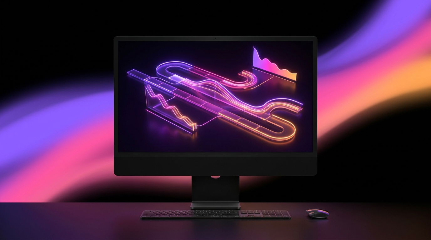 Monitor escuro mostrando linha do tempo de edição com gráficos de retenção em neon.