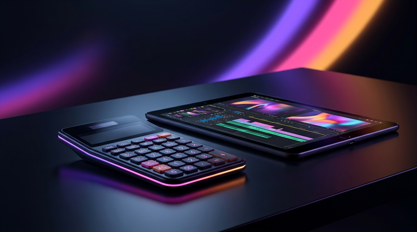 Calculadora e tablet com linha do tempo de edição sobre mesa escura