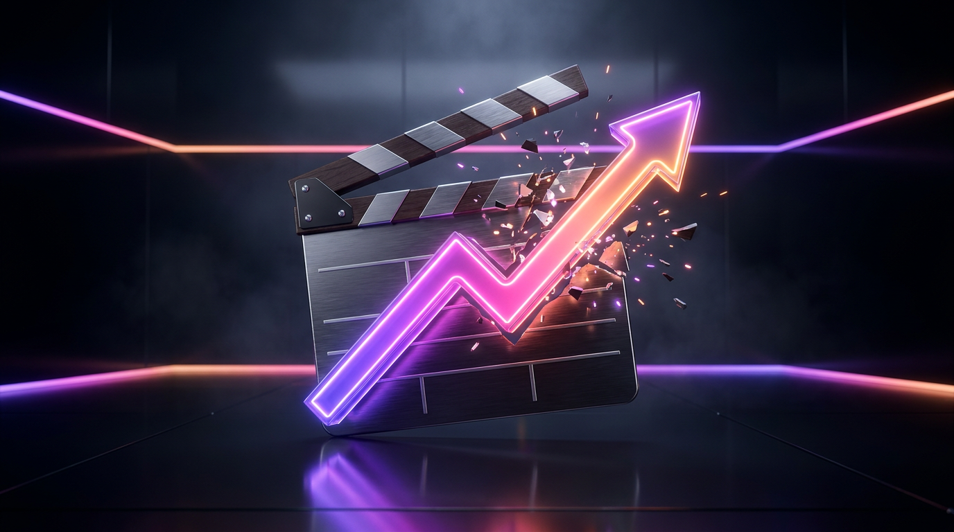 Gráfico de crescimento rompendo uma claquete de cinema com luzes neon