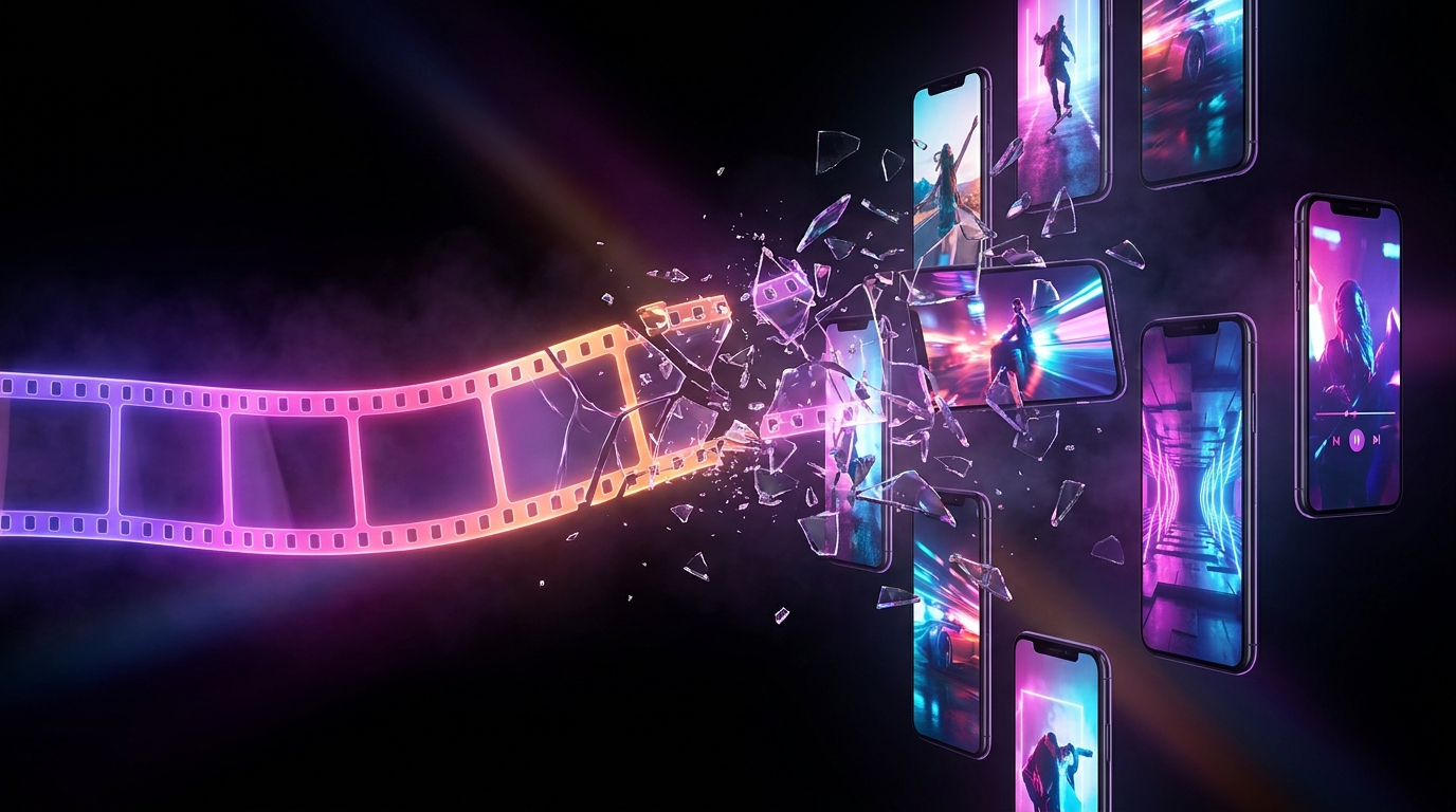 Rolo de filme brilhante se transformando em telas de celular verticais