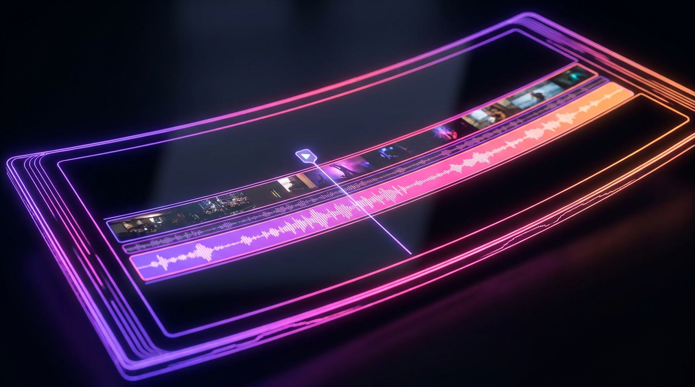 Interface de edição de vídeo mostrando ondas de áudio alinhadas em uma linha do tempo