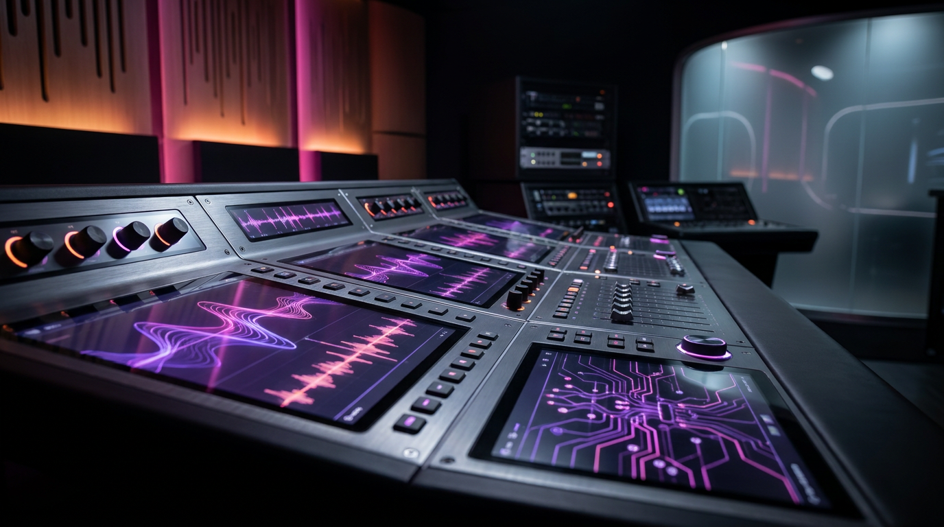 Mesa de som futurista com ondas sonoras neon representando inteligência artificial.