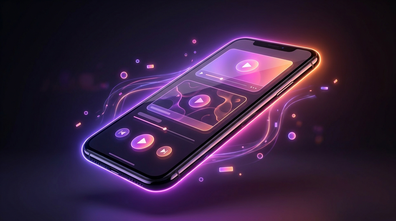 Smartphone exibindo interface de software iluminada por neon roxo e laranja.