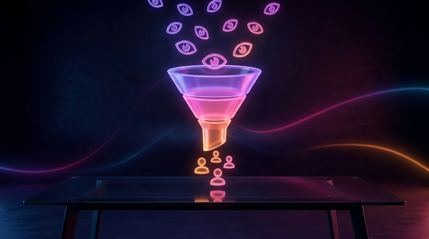 Funil digital luminoso convertendo ícones de visualização em ícones de usuário