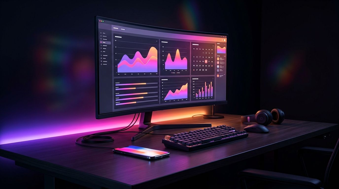 Monitor e smartphone exibindo calendários de conteúdo em ambiente escuro com luzes neon