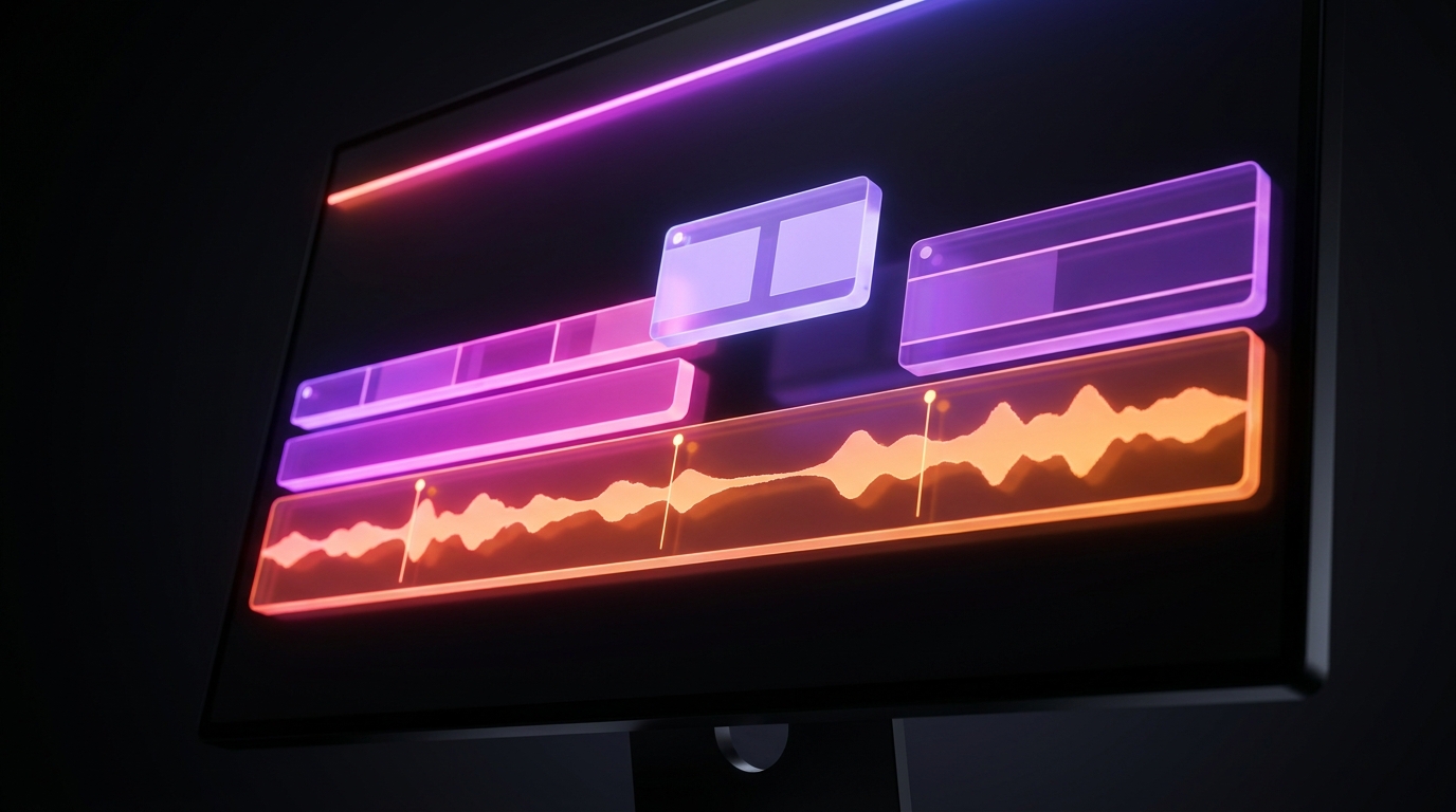 Interface de edição de vídeo escura com trilhas de b-roll destacadas em neon