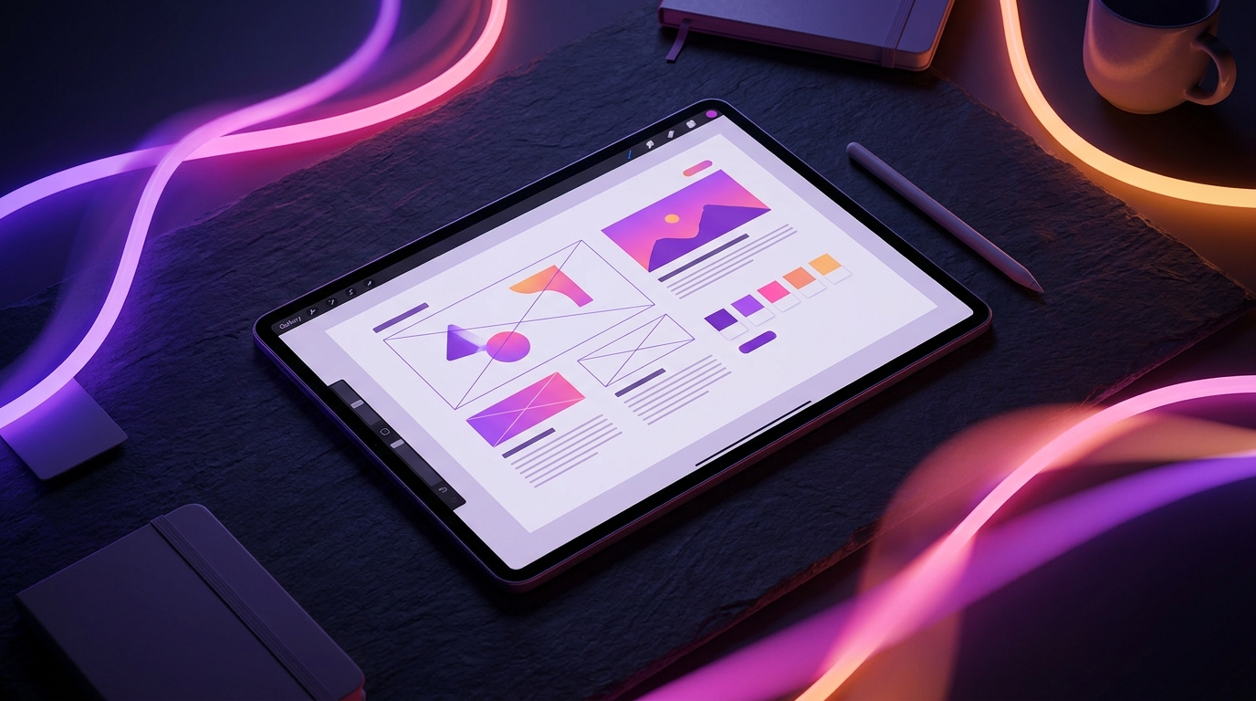 Tablet exibindo um documento de briefing iluminado por luzes neon